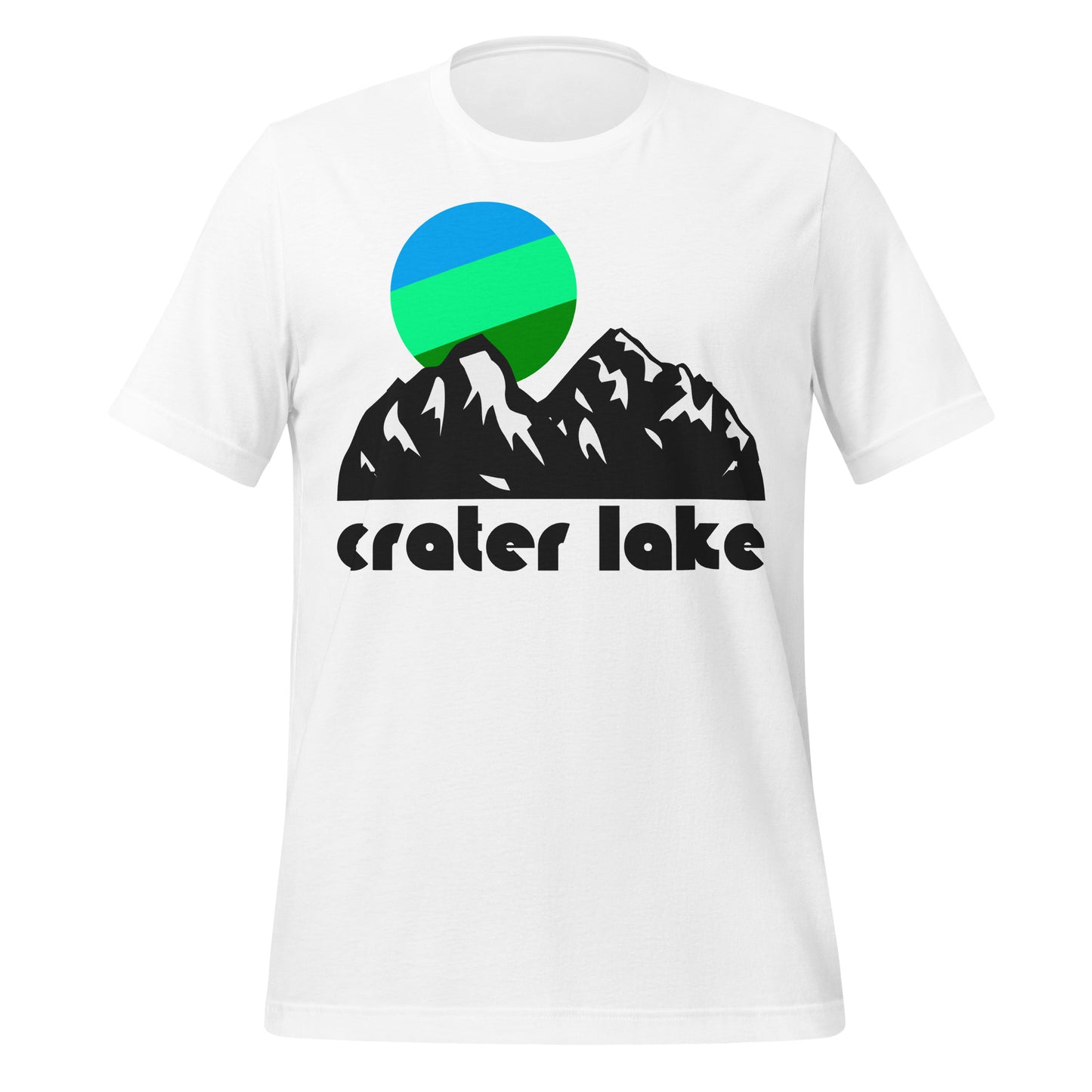 A white colored retro 80s style t-shirt that says "Crater Lake" underneath the image of a mountainous landscape topped with a blue/mint green/forest green sun. In reference to Crater Lake National Park in Oregon, the namesake of which - Crater Lake - is known as the deepest lake in the USA and one of the most picturesque, pristine lakes in the entire world. 