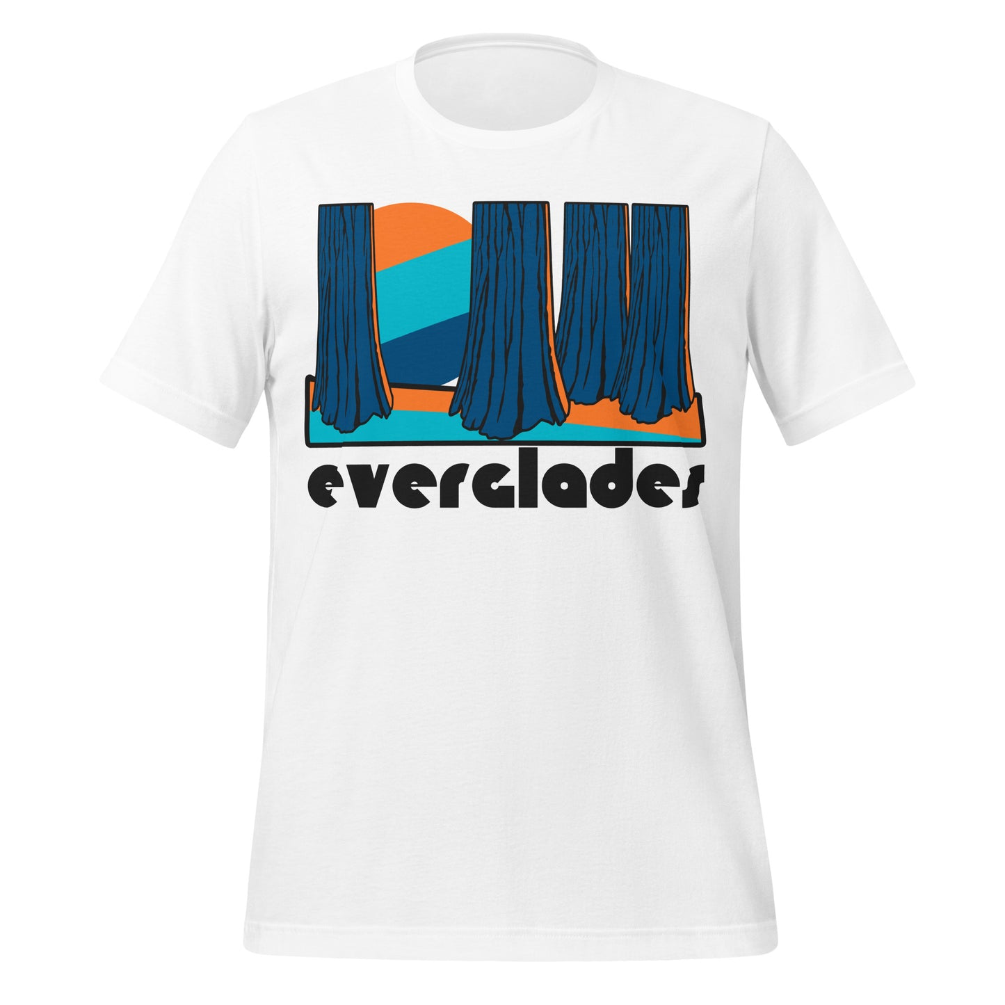 A retro, souvenir Everglades t-shirt in the color white with a blue and orange graphic of tree trunks, an aesthetically striped sun, and water. In reference to Everglades National Park, located in Florida, a popular destination for hiking, birdwatching, and biking with must does like Anhinga Trail, Shark Valley, Big Cypress Bend, and Flamingo. 