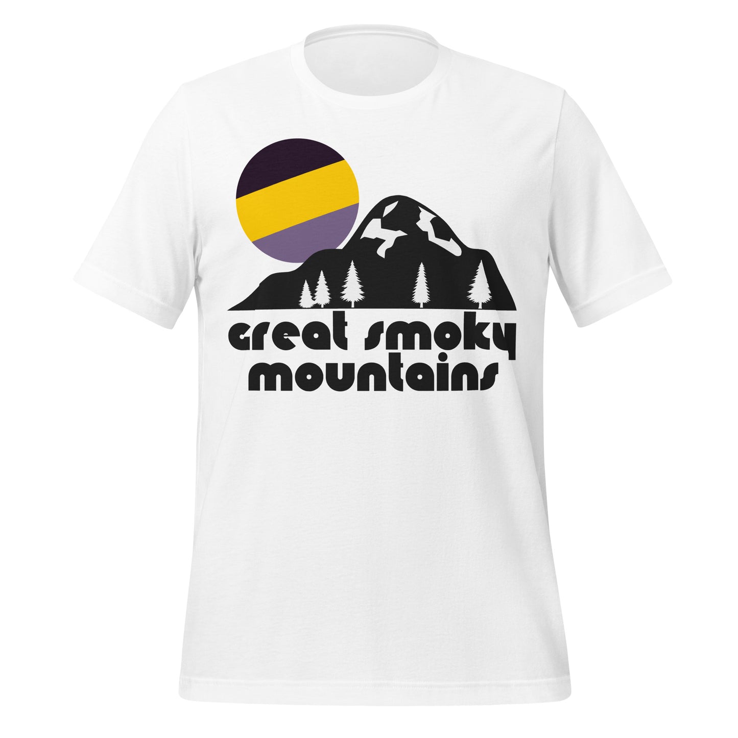 A Great Smoky Mountains retro white colored t-shirt with the graphic of a large mountain and pine trees with a beautiful purple and yellow sun in the distance. References the Great Smoky Mountains National Park in North Carolina and Tennessee, including the Great Smoky Mountains and the Blue Ridge Mountains, with beautiful hiking trails, camping sites, and adventuring opportunities. 