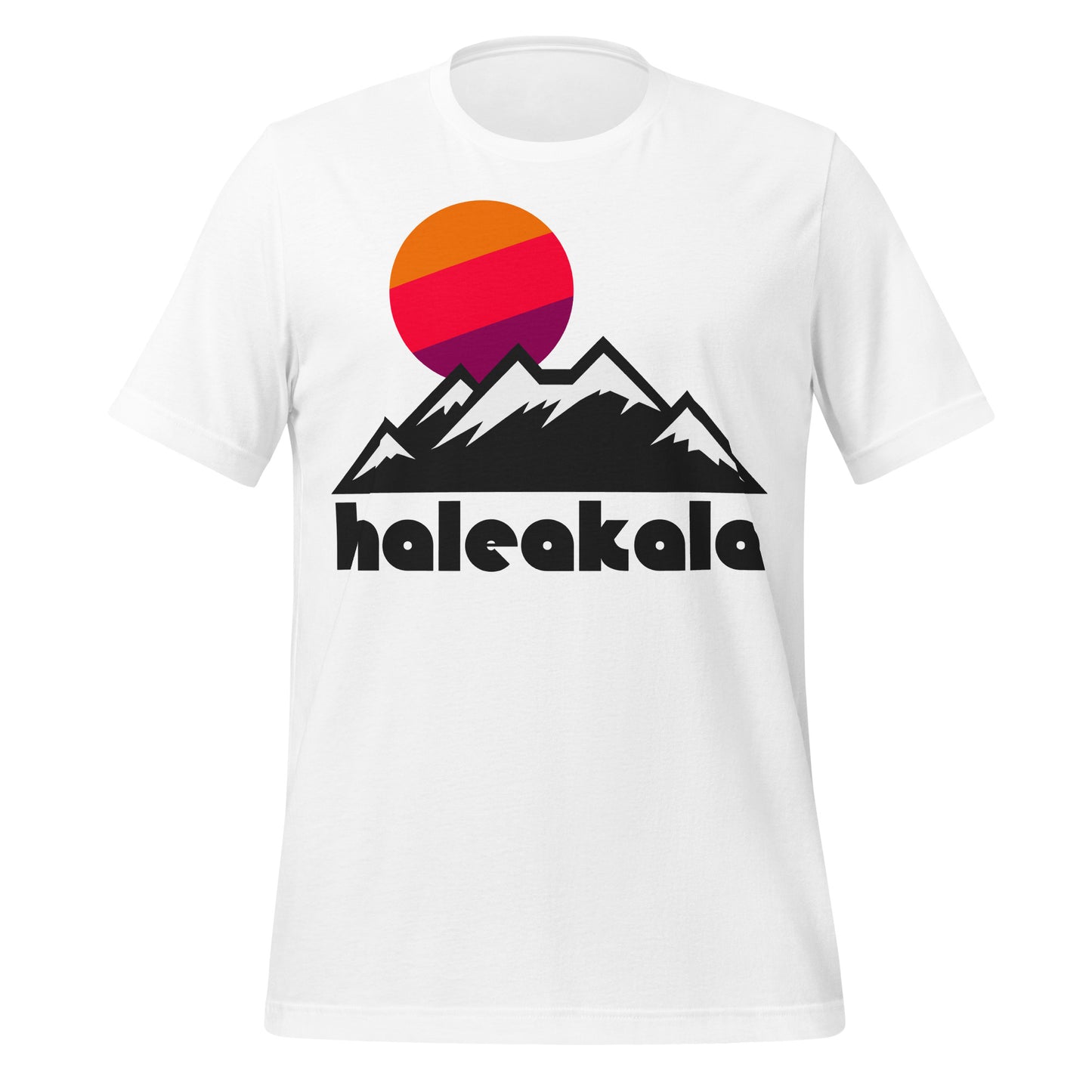 A retro, 80s style white t-shirt that says "haleakala" beneath a beautiful mountainous landscape, all the peaks snow covered, with a warm toned, calming sun setting in orange, pink, and purple colors. References Haleakalā National Park in Hawaii, made up of its namesake, a volcano, and surrounding area of valleys and craters. 