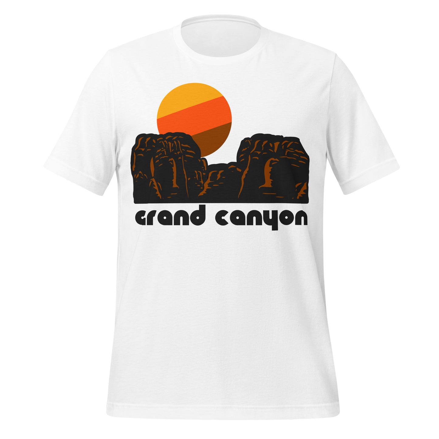 A retro, souvenir Grand Canyon short sleeved white t-shirt with the image of a red rock canyon and a tricolored yellow/red/brown sun rising above the rock formations. References the world famous Grand Canyon National Park in Arizona, famous for adventurers with hiking, river rafting, biking, and more, with famous viewpoints like Mather Point, Yavapai Observation Sattion, Mary Colter's Lookout Studio, and Desert View Watchtower. 