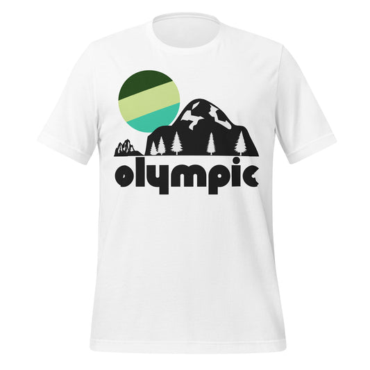 A retro, 70s style short sleeved white colored t-shirt that says "olympic" underneath the image of a large mountain, smaller mountains in the background, pine trees, and green/blue sun. References Olympic National Park near Seattle, Washington, including famous sites like Hoh Rainforest, Ruby Beach, Rialto Beach, and Hurricane Ridge. 