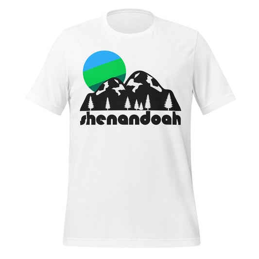 A 70s style white colored Shenandoah National Park t-shirt with the image of blue/green sun over a mountain landscape with pine trees, known for the Appalachian Trail, the Skyline Drive, and stunning mountain views. 