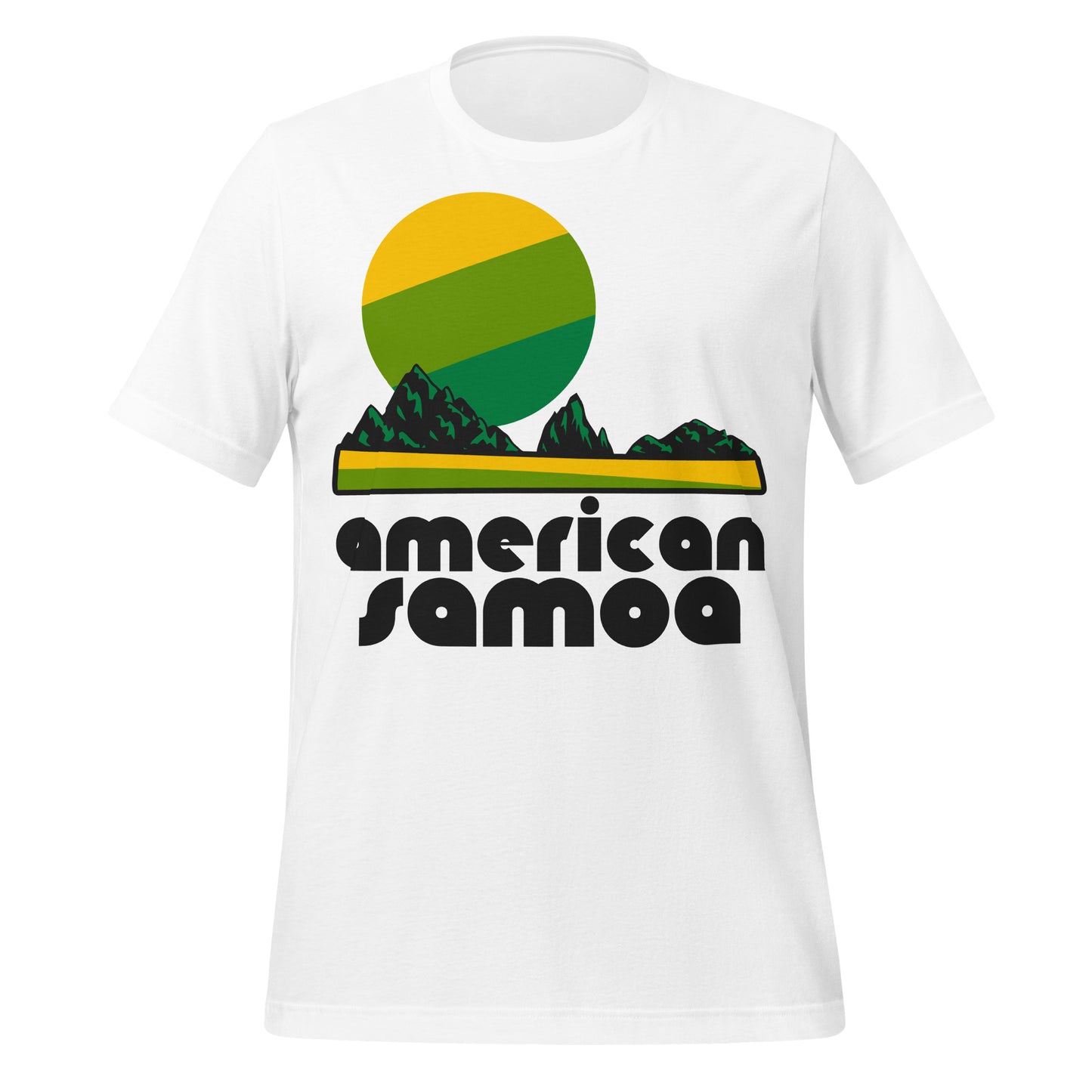 A vintage, 70s style white short sleeved t-shirt that says "American Samoa" under the image of a yellow and bright green landscape with tree covered mountains and a yellow and green striped sun. References the US Territory in the Pacific including multiple islands, many of which are volcanic, with beautiful beaches and coral reefs, perfect for scuba diving and snorkeling. 
