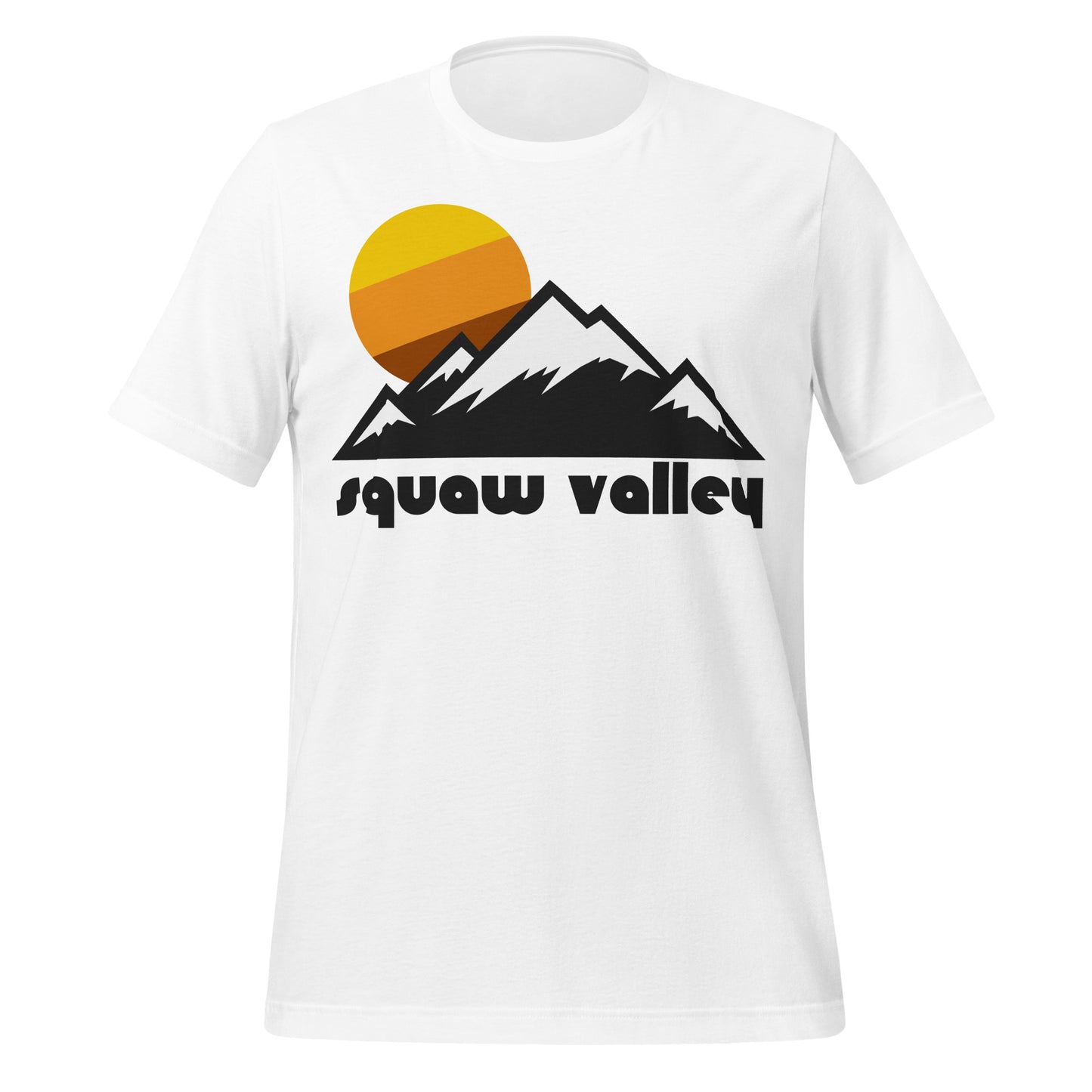 A retro, vintage "Squaw Valley" t-shirt with the image of mountain peaks and a setting sun colored in yellow, orange, and brown. References the area used in the 1960s Winter Olympics, one of the most premier ski resort areas in the US, on the shores of Lake Tahoe, now known as Palisades Tahoe. 