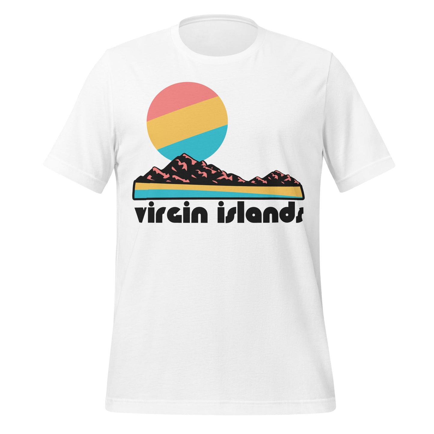 A white colored 80s style travel t-shirt that says "Virgin Islands" with the image of a rocky and sandy beach and a tricolored pink, yellow, and blue sun. References the U.S. Virign Islands, including St. Croix, St. Thomas, St. John, and Water Island, famous for their pristine beaches, bright turquoise waters, and resorts. 