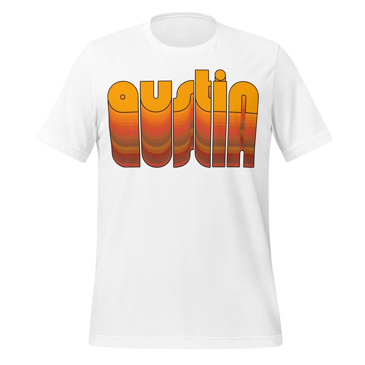A white, unisex, short sleeved retro 1980s style t-shirt with the word Austin melting down from orange into various reds, yellows, and greens. 