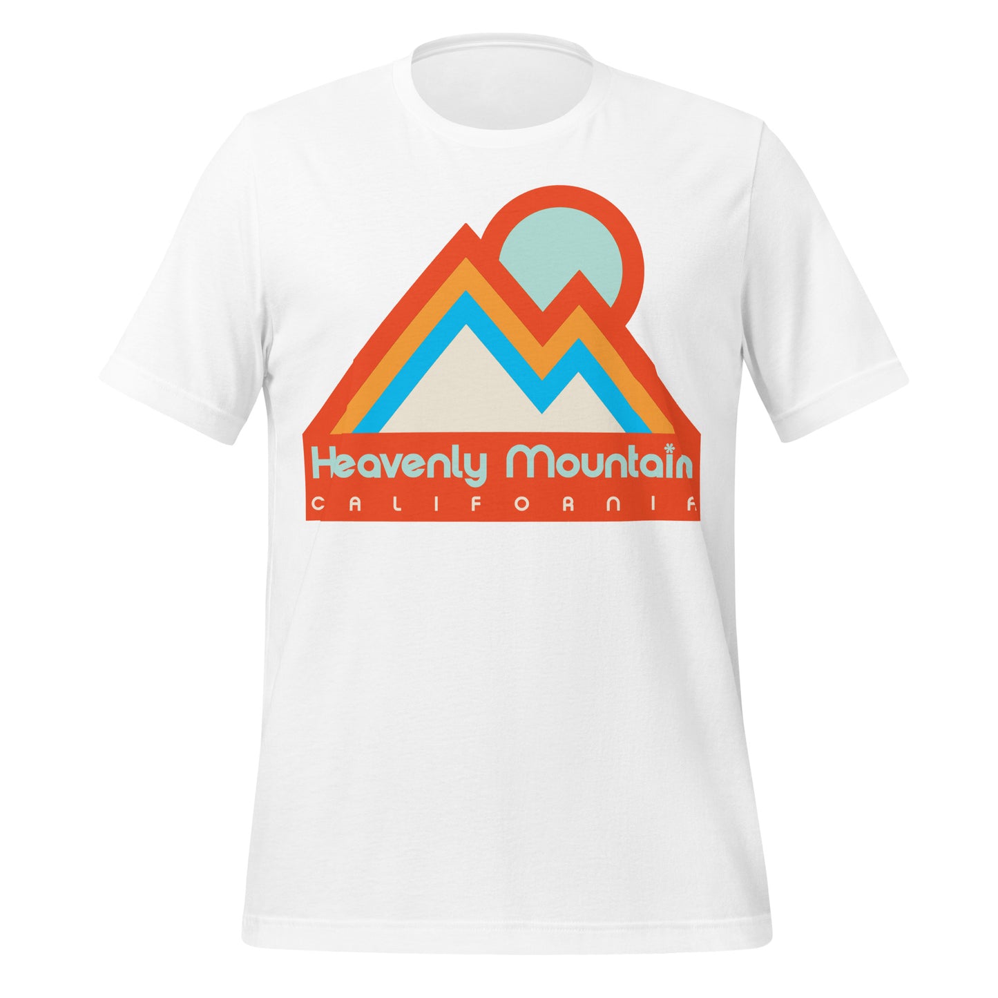 A short sleeved retro white t-shirt that says "Heavenly Mountain California" under blue and orange mountains with a light blue sun. References the Heavenly Mountain Resort for skiing and snowboarding above the stunning Lake Tahoe in the Sierra Nevada Mountain Range. 