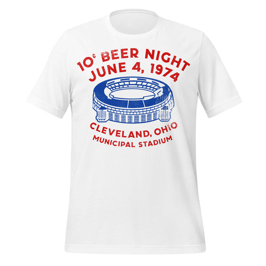 A white, unisex short sleeved retro t-shirt that says "10 cent Beer Night", "June 4, 1974", "Cleveland, Ohio", and "Municipal Stadium". References the Texas Rangers vs. Ohio Indians and the promotion that lead to a riot in the multipurpose Cleveland Municipal Stadium. 
