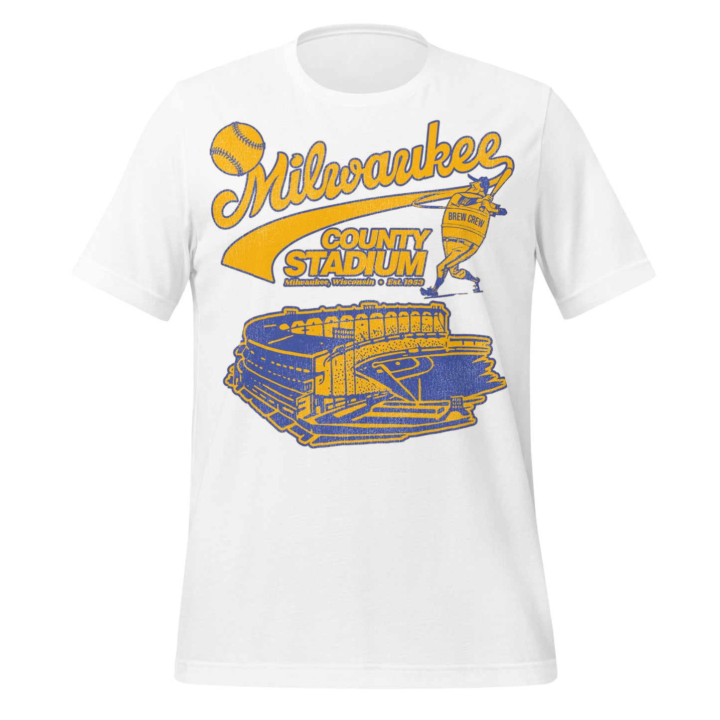 A white retro t-shirt that says Milwaukee County Stadium from Milwaukee, Wisconsin, Est. 1953 with an image of a baseball player wearing a "Brew Crew" shirt hitting a baseball over an image of the baseball diamond and stadium in blue and yellow, colors of the Milwaukee Brewers MLB team. 