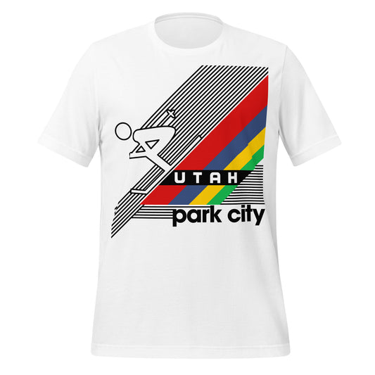 A retro white t-shirt with the image of a guy skiing down a red, blue, yellow, and green mountain of lines. Says "Utah" and "Park City", east of Salt Lake City near the Deer Valley Resort and the Park City Mountain Resort. Near where the 2002 Olympic Games took place. 
