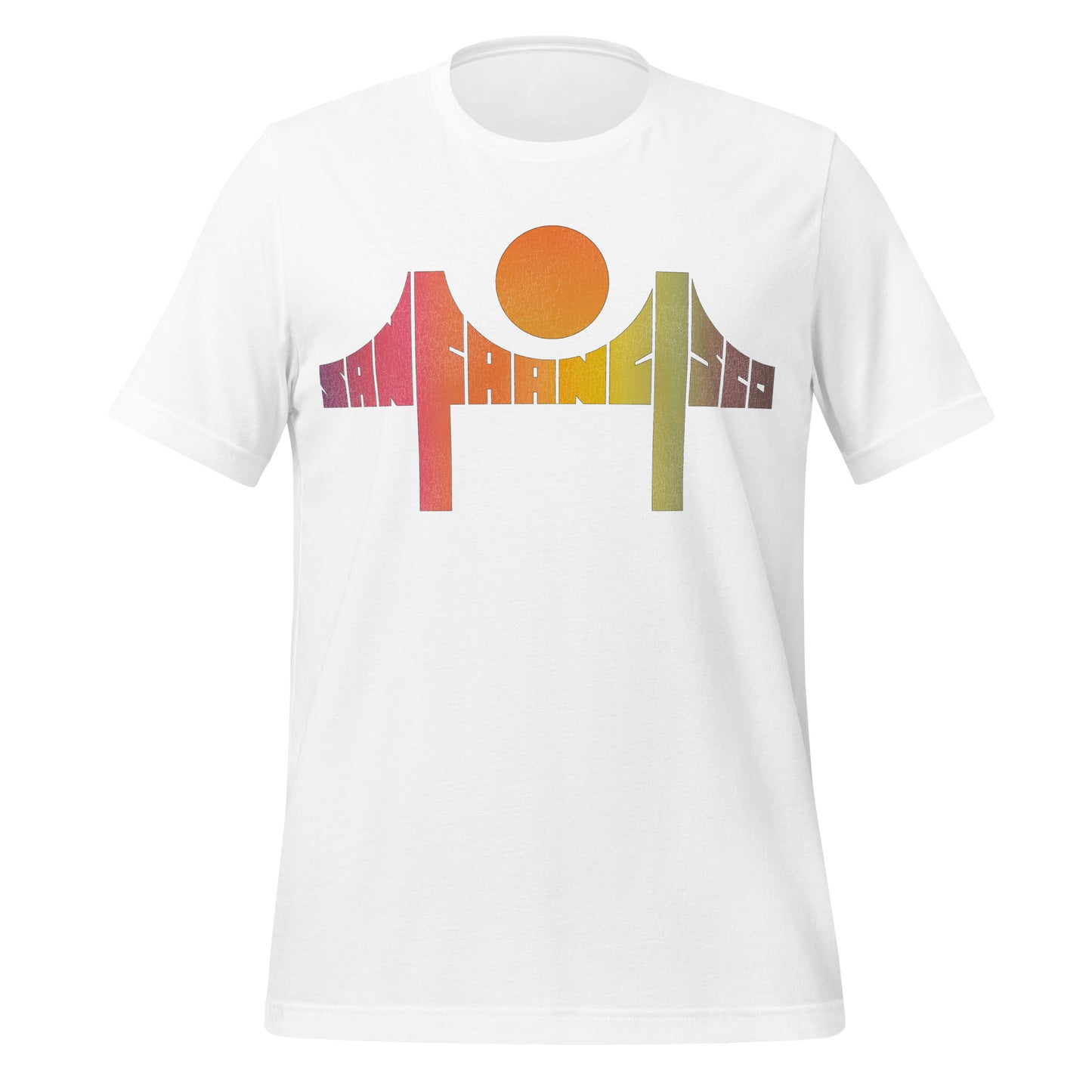 A retro 70s style white t-shirt that says San Francisco, the letters in the shape of the Golden Gate Bridge in the colors purple, pink, orange, yellow, and green. Image of an orange sun. 