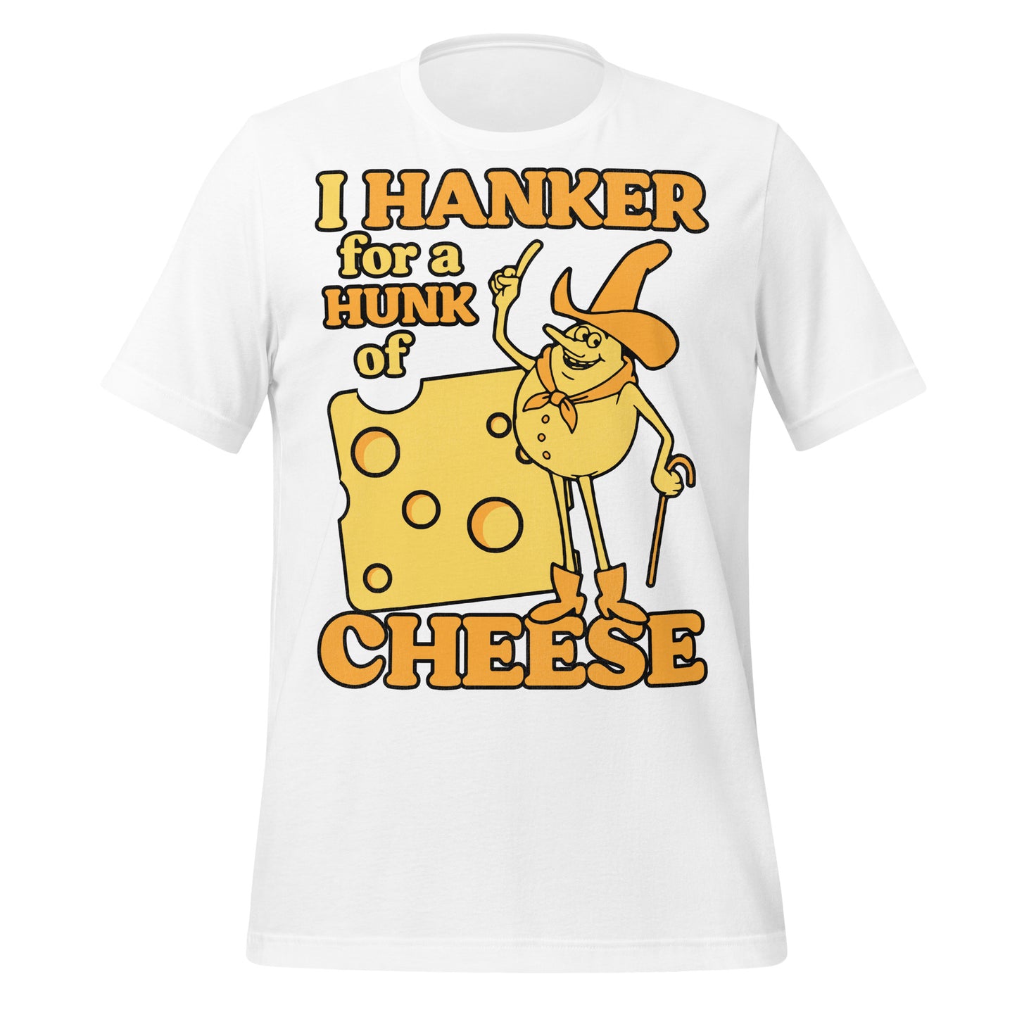 A vintage short sleeve white t-shirt for tourists that says I Hanker for a Hunk of Cheese from the song from 'Time for Timer', the informative ABC TV series and public service announcements in the 70s with an image of swiss cheese with holes nad Timer dressed as a cowboy with boots and a hat. 