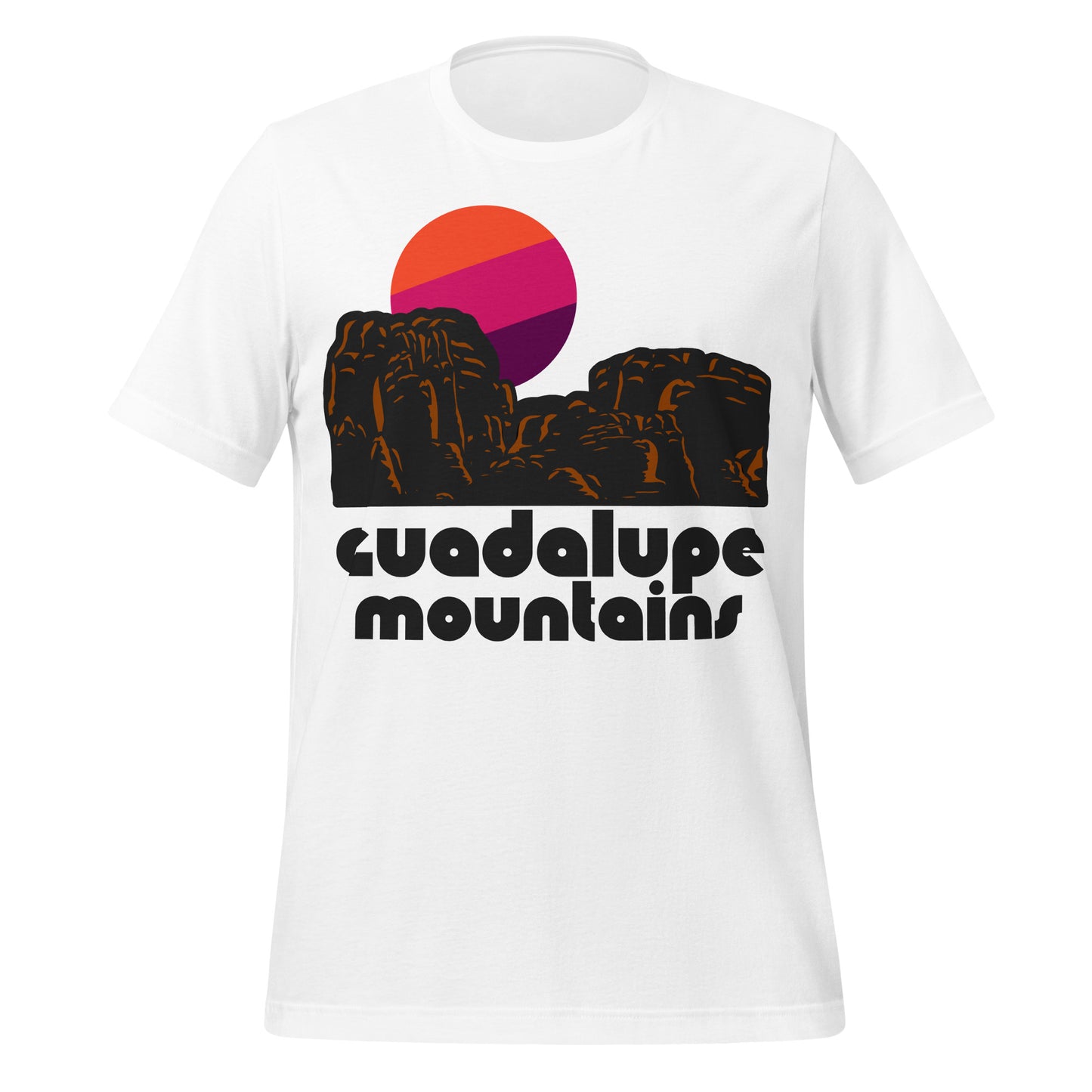 A retro white short sleeve t-shirt that says "Guadalupe Mountains." Includes image of red rock landscape and an orange, pink, and purple sun setting. 