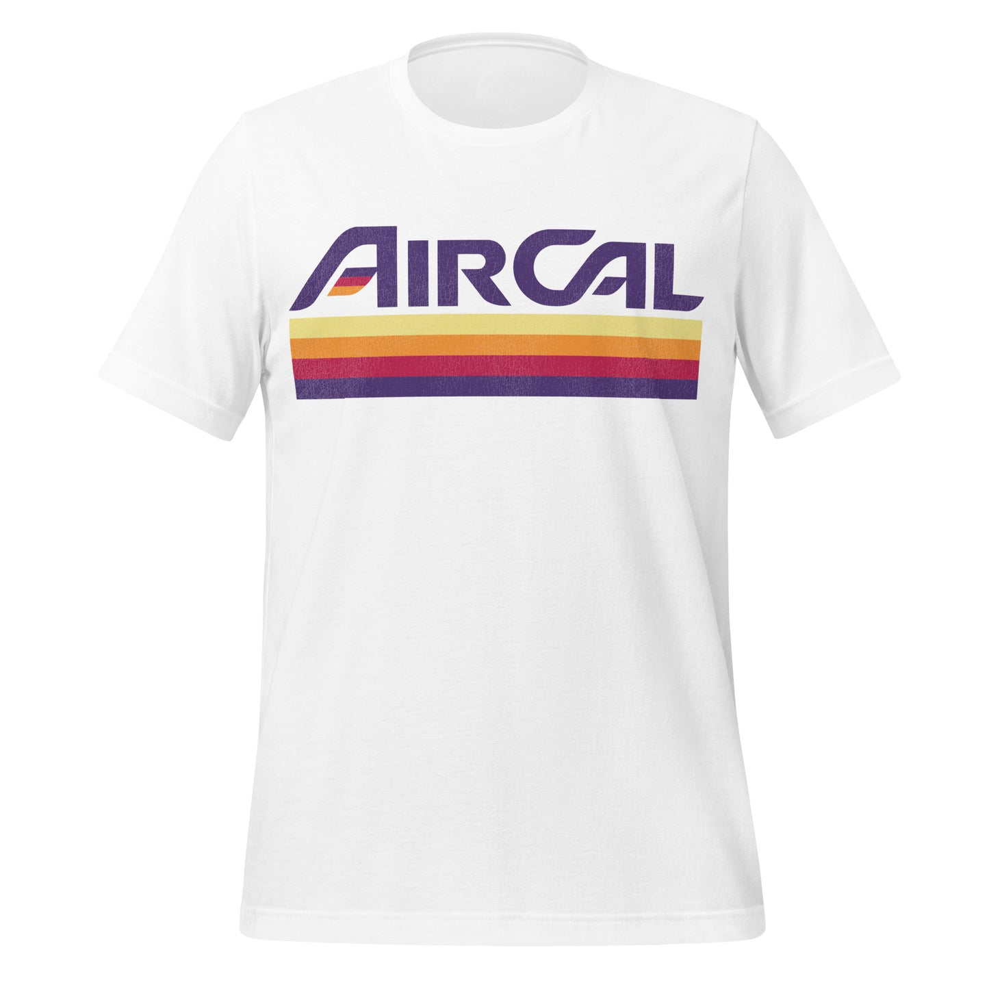 A retro touristy white t-shirt that says Air Cal and includes the image of four stripes in yellow, orange, red, and purple. Airlane was earlier known as Air California. 