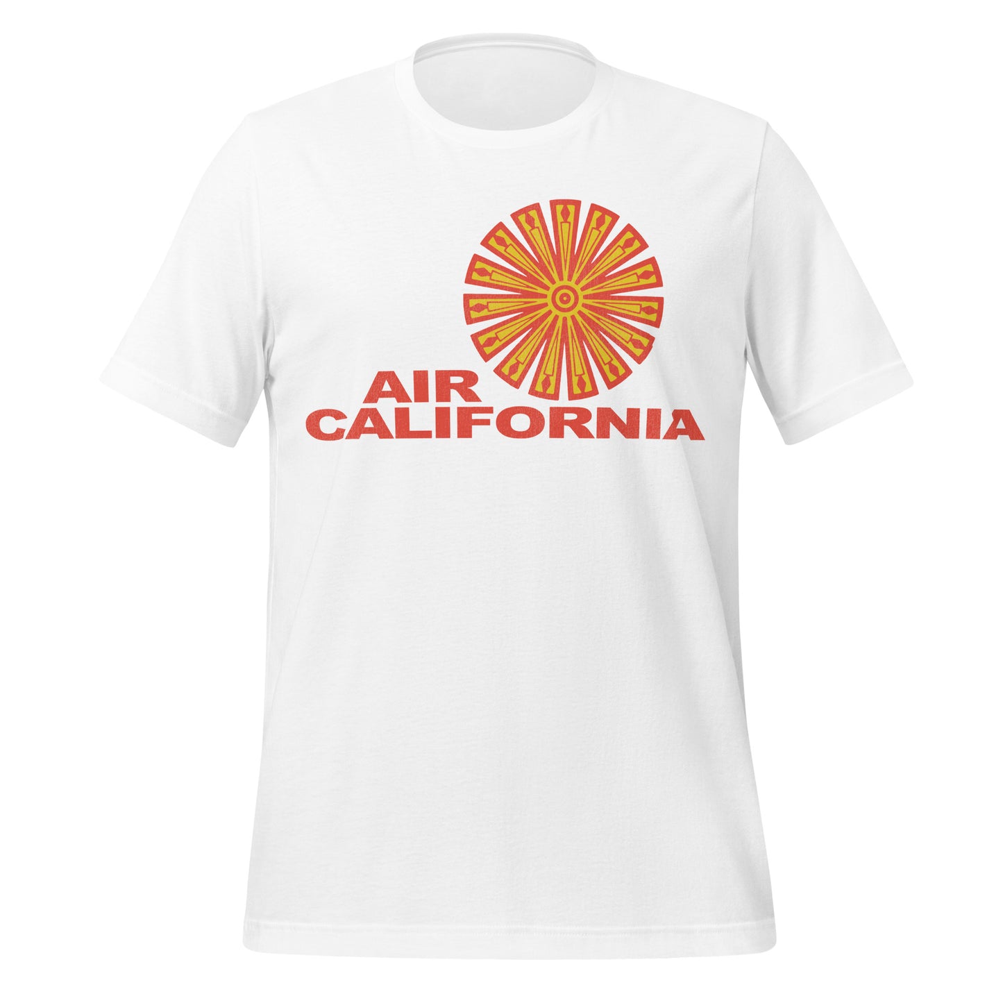 A vintage white short sleeved t-shirt that says "Air California" under the yellow and orange circular logo with rectangular spikes. 