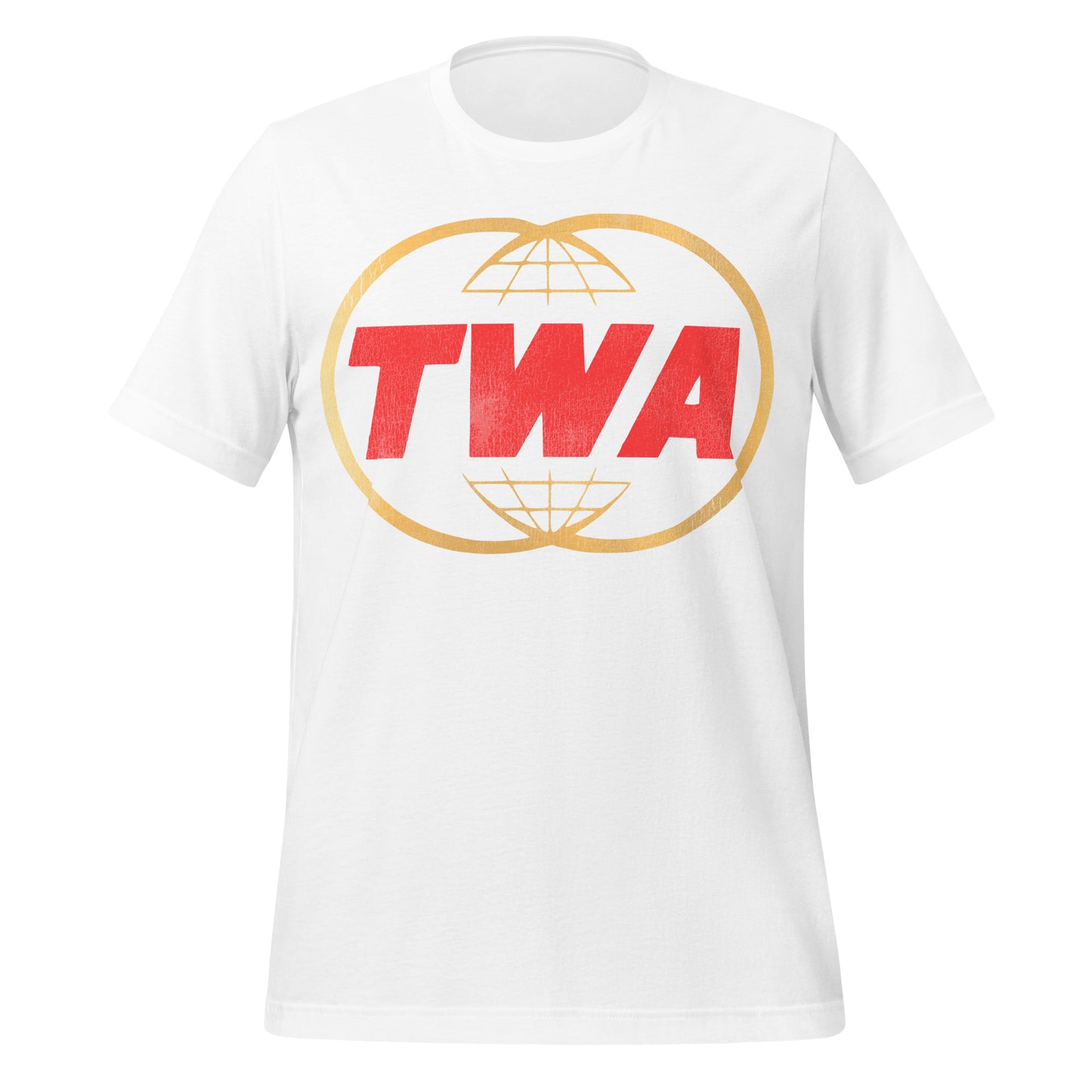 A white retro style t-shirt with red block letters T, W, and A, and the Trans World Airlines logo of two overlapping globes in gold. 