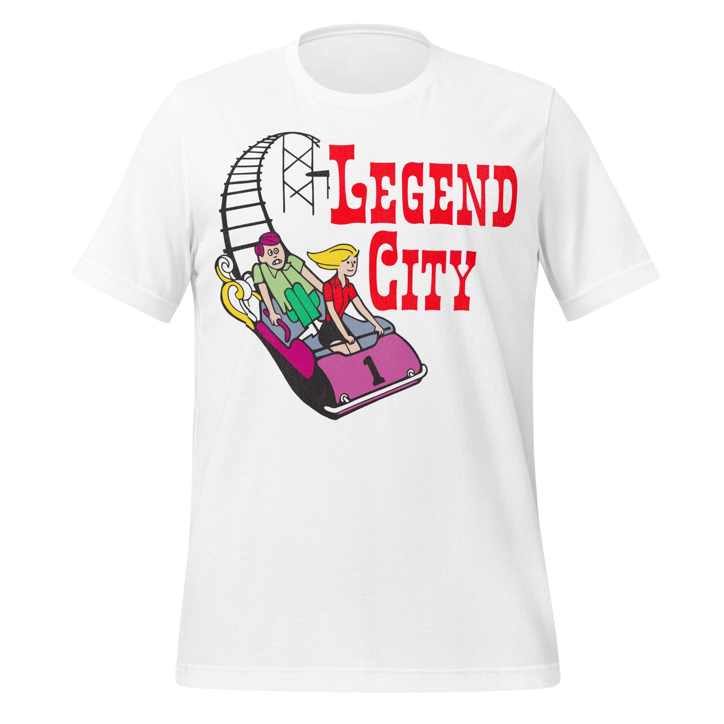 A white retro t-shirt that says "Legend City", referring to the Arizona 1960s - 1980s amusement park near Tempe and Pheonix. Image of a boy in green and girl in red riding a bright pink rollercoaster car labeled with the number one on black rollercoaster tracks. 