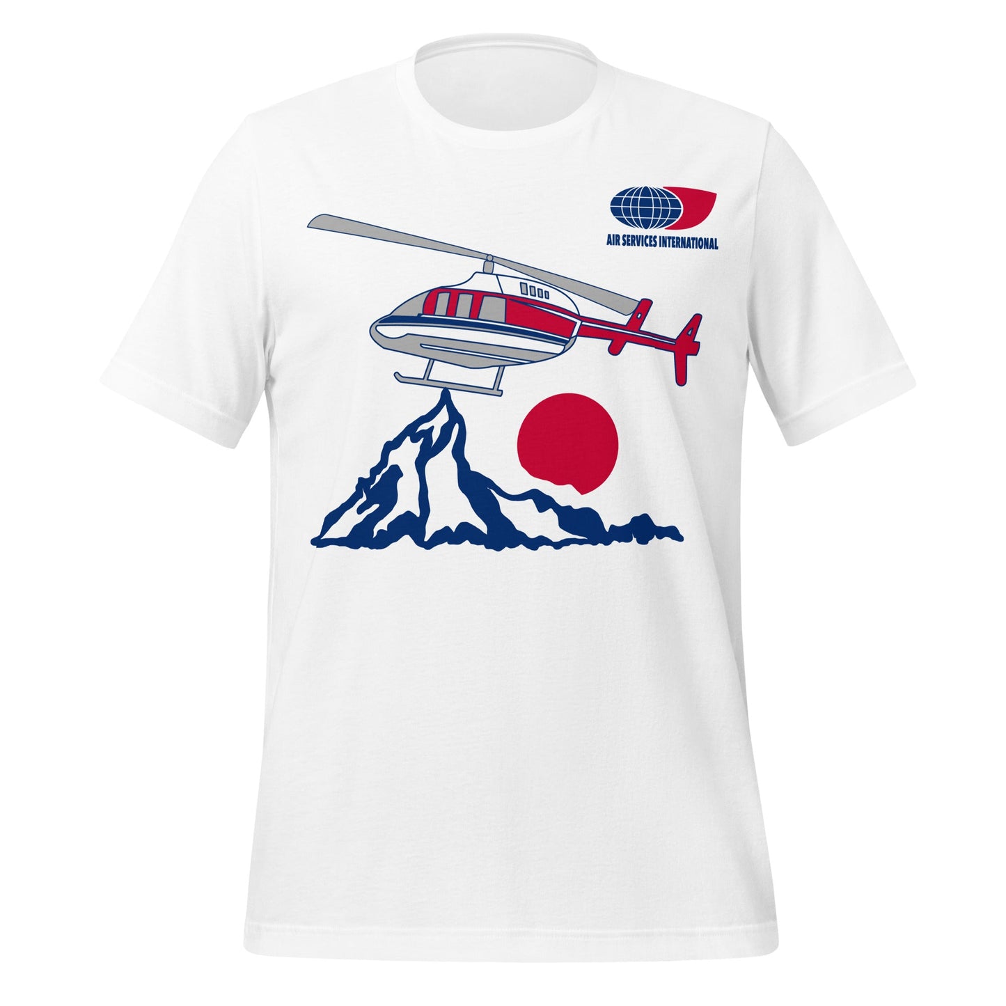 A touristy unisex white tshirt that says "Air Services International" with a globe logo, a red, gray, white, and blue helicopter, and a blue mountain range with a red setting sun. 