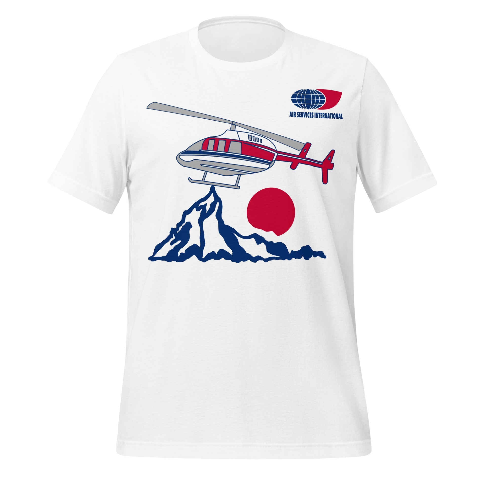 A touristy unisex white tshirt that says "Air Services International" with a globe logo, a red, gray, white, and blue helicopter, and a blue mountain range with a red setting sun. 