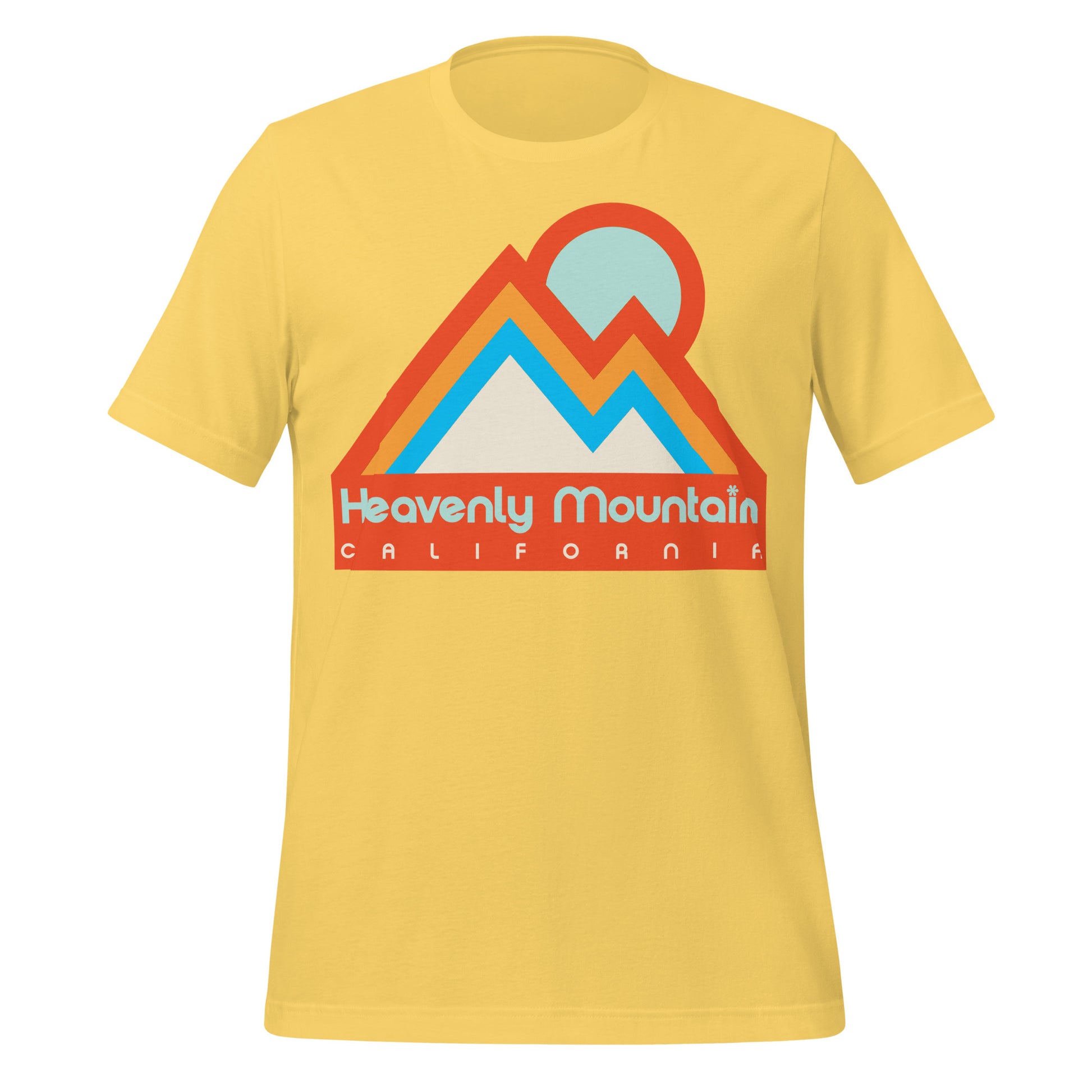 A unisex 70s style yellow t-shirt for travel that says Heavenly Mountain California in ice blue on an orange background. Image of a mountain landscape and sun shining from behind in various shades of complementary colors blue and orange. Refers to the Heavenly Mountain Resort, a ski resort with stunning views of Lake Tahoe on the border of California and Nevada in the Sierra Nevadas. 