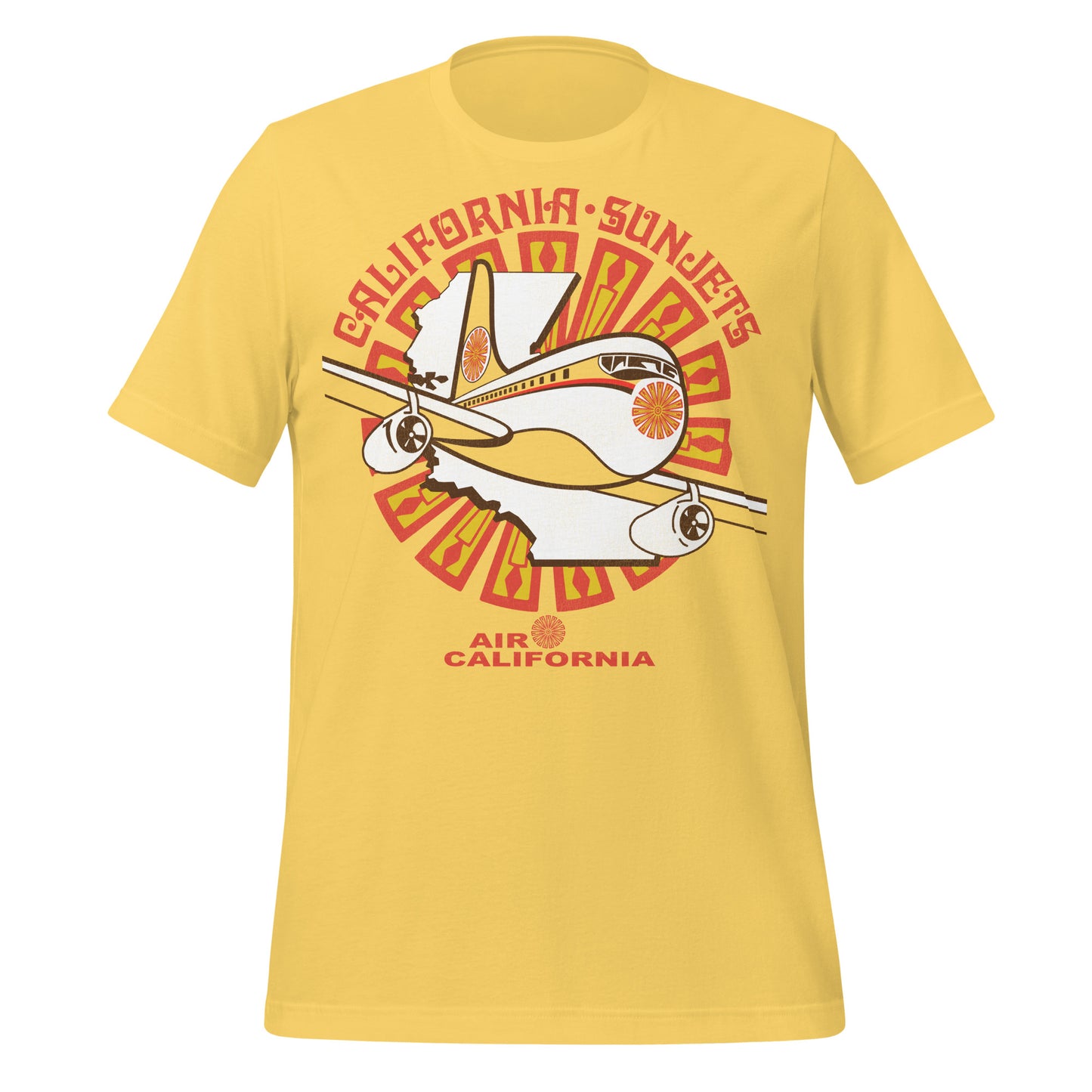 A tourist yellow t-shirt with the text "California Sunjets" and "Air California". Has an outline of the state of California, as the intrastate airline began in Newport Beach. A plane flies over CA with the airline's logo in yellow and orange. 
