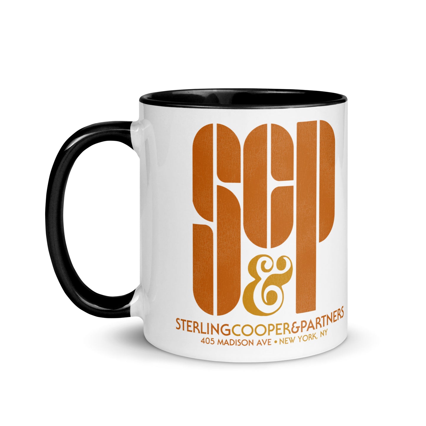 A Sterling Cooper & Partners drinking mug that's black and white that has the SCP logo and the address 405 Madison Ave + New York, NY from Mad Men. 
