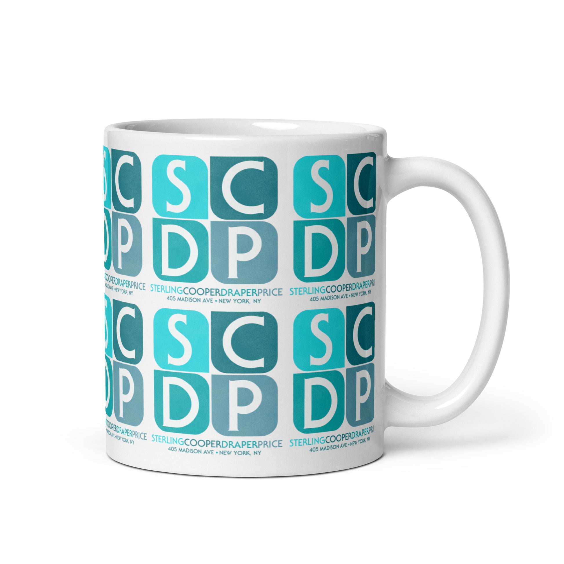 A retro style white glossy travel coffee mug with the text "Sterling Cooper Draper Price" and address "405 Madison Ave + New York, NY". Has the SCDP logo in blue, referencing the advertising agency from New York City. 