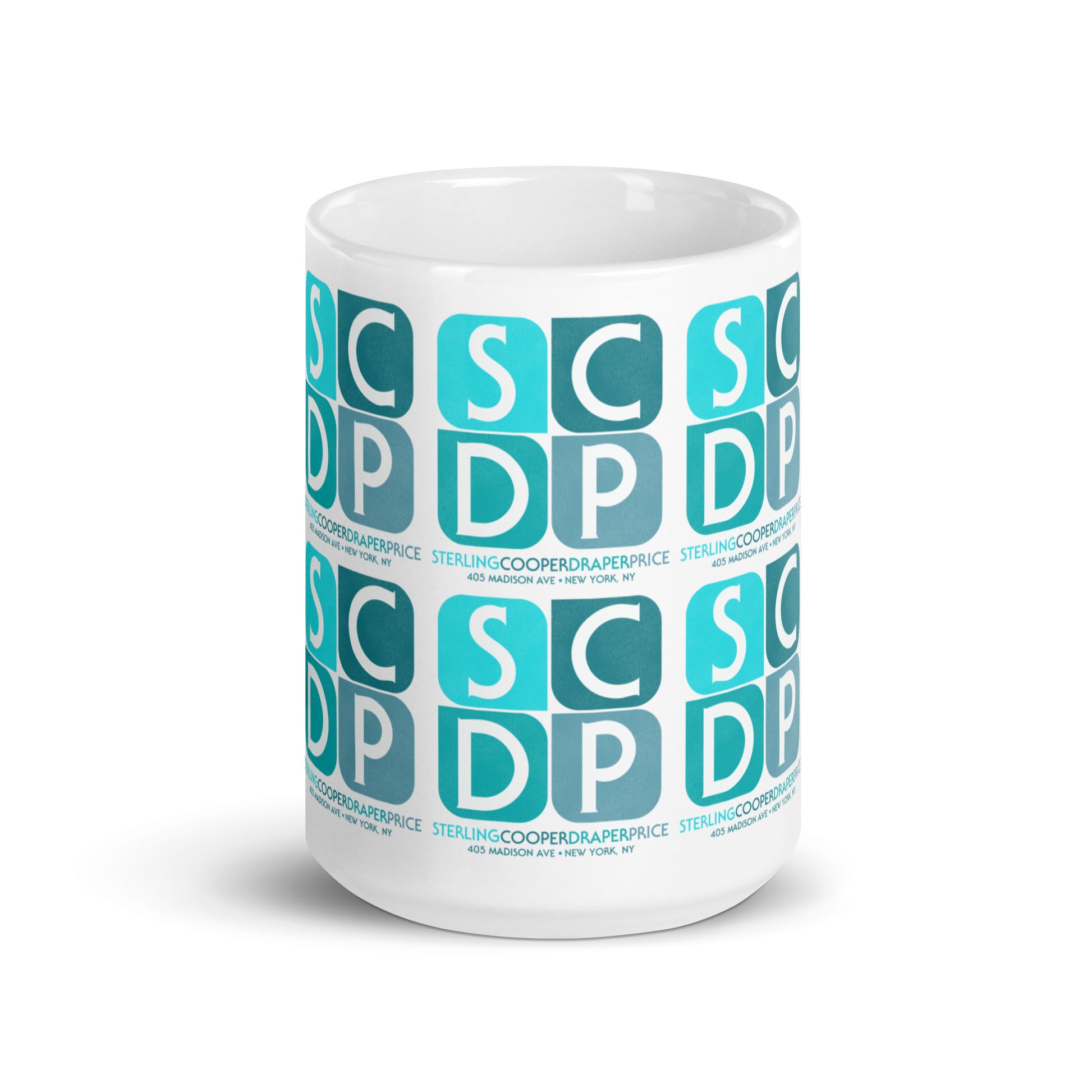 A vintage style blue and white travel drinking mug reading "Sterling Cooper Draper Price" from the drama television show Mad Men. Includes the words "405 Madison Ave + New York, NY". Has the advertising brand logo SCDP in blue. 